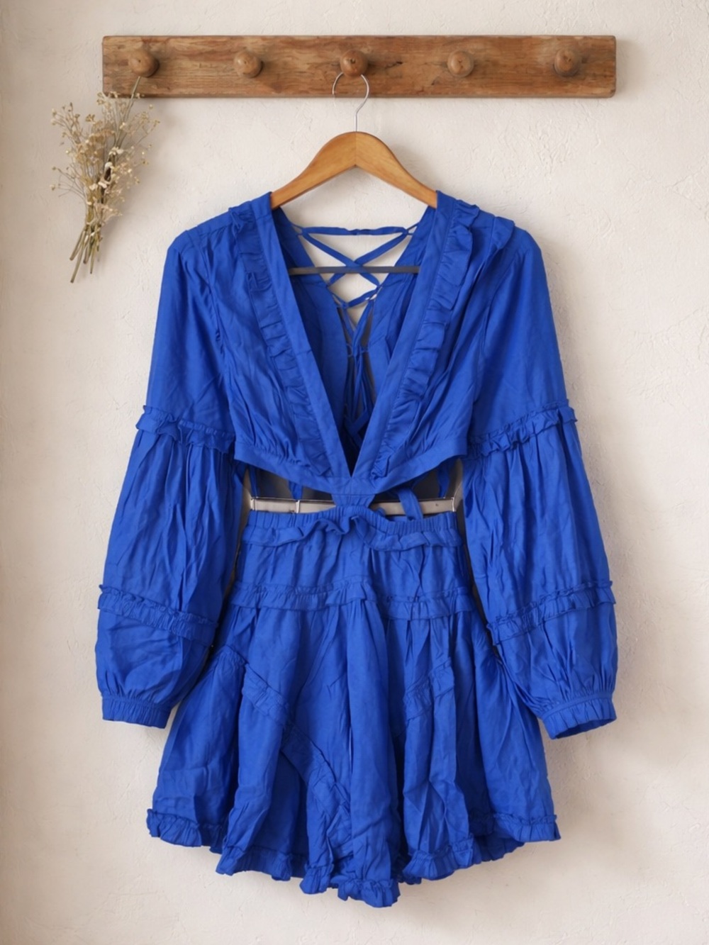 Peach Love California Cobalt Blue Ruffle Tie-Back Long Sleeve Mini Dress - Large